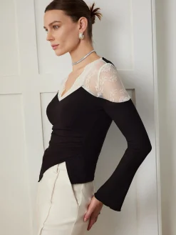 Hot Asymmetric Skinny Lace Panel Blouse Blouses & Shirts|Tops