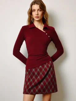 Clearance Asymmetrical Button Skinny Polo Blouse Tops