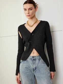 New Asymmetrical Cutout Button Knit Top Sweater Tops|Sweaters & Cardigans