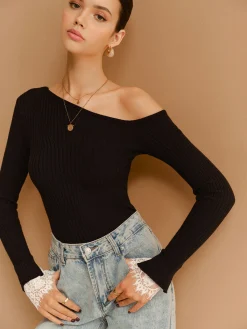Clearance Asymmetrical Lace-Cuff Slim Sweater Sweater Tops|Sweaters & Cardigans
