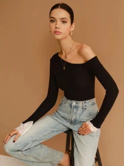Clearance Asymmetrical Lace-Cuff Slim Sweater Sweater Tops|Sweaters & Cardigans