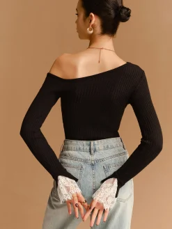 Clearance Asymmetrical Lace-Cuff Slim Sweater Sweater Tops|Sweaters & Cardigans