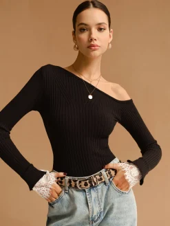 Best Asymmetrical Lace-Cuff Slim Sweater Sweater Tops|Sweaters & Cardigans