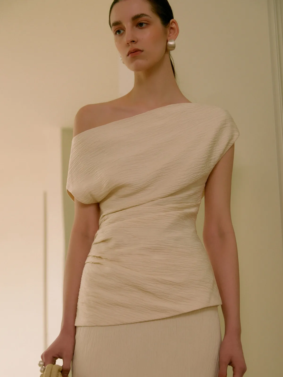 Asymmetrical Neck One Shoulder Off Pleated Blouse Blouses & Shirts|Tops