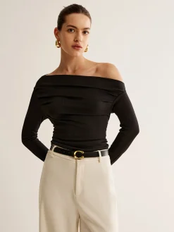 Clearance Asymmetrical Neck Pleated Long Sleeve Top T-shirts|Tops