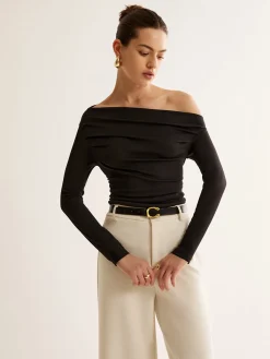 Clearance Asymmetrical Neck Pleated Long Sleeve Top T-shirts|Tops