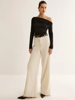 Clearance Asymmetrical Neck Pleated Long Sleeve Top T-shirts|Tops