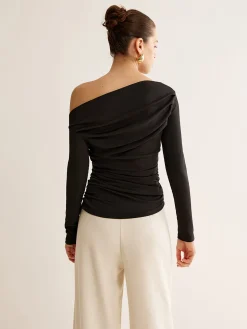 Clearance Asymmetrical Neck Pleated Long Sleeve Top T-shirts|Tops