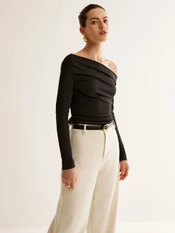 Best Asymmetrical Neck Pleated Long Sleeve Top T-shirts|Tops