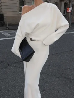 Clearance Asymmetrical Off Shoulder Solid Long Sleeve Maxi Dress White Dresses|Black Dresses