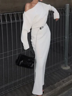 Clearance Asymmetrical Off Shoulder Solid Long Sleeve Maxi Dress White Dresses|Black Dresses