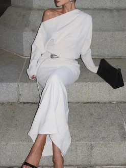 Clearance Asymmetrical Off Shoulder Solid Long Sleeve Maxi Dress White Dresses|Black Dresses
