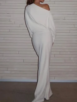 Clearance Asymmetrical Off Shoulder Solid Long Sleeve Maxi Dress White Dresses|Black Dresses