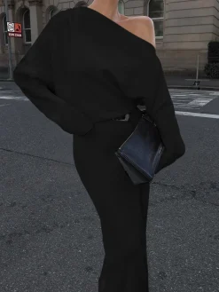 Clearance Asymmetrical Off Shoulder Solid Long Sleeve Maxi Dress White Dresses|Black Dresses