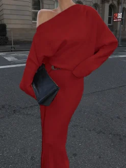 Asymmetrical Off Shoulder Solid Long Sleeve Maxi Dress Casual Dresses|Work Dresses