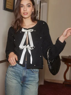 Online Beaded Decor Bow Knit Top Sweater Tops|Sweaters & Cardigans