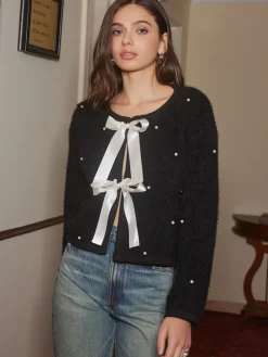 Online Beaded Decor Bow Knit Top Sweater Tops|Sweaters & Cardigans