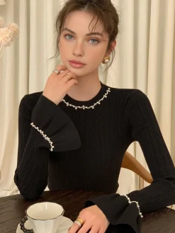 Best Beaded-Decor Ruffle Knit Top Sweater Tops|Sweaters & Cardigans