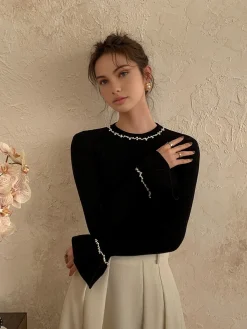 Outlet Beaded-Decor Ruffle Knit Top Sweater Tops|Sweaters & Cardigans