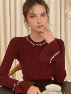 Outlet Beaded-Decor Ruffle Knit Top Sweater Tops|Sweaters & Cardigans