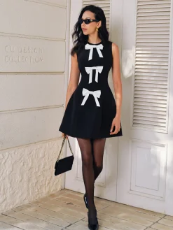 Best Bow-Decor Zipper Tank Dress Black Dresses|Casual Dresses