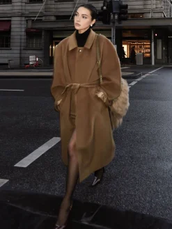 Sale Button Belted Lapel Long Coat Outerwear|Coats