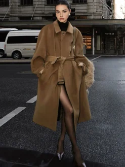 Sale Button Belted Lapel Long Coat Outerwear|Coats