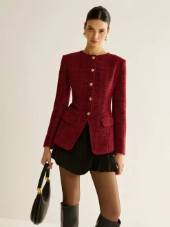 Discount Button Down Slit Tweed Blazer Outerwear|Blazers