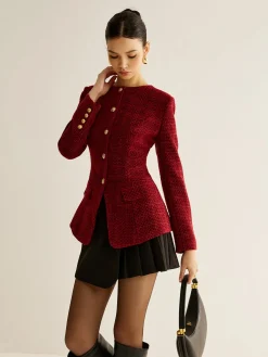Discount Button Down Slit Tweed Blazer Outerwear|Blazers