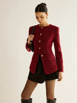 Clearance Button Down Slit Tweed Blazer Outerwear|Blazers