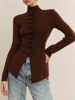 Discount Button Pleated Split Knit Top Sweater Tops|Sweaters & Cardigans