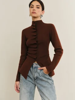 Discount Button Pleated Split Knit Top Sweater Tops|Sweaters & Cardigans
