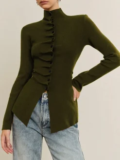 Discount Button Pleated Split Knit Top Sweater Tops|Sweaters & Cardigans
