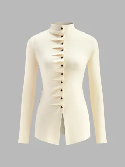 Discount Button Pleated Split Knit Top Sweater Tops|Sweaters & Cardigans