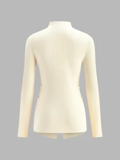 Discount Button Pleated Split Knit Top Sweater Tops|Sweaters & Cardigans