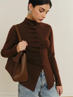 Best Button Pleated Split Knit Top Sweater Tops|Sweaters & Cardigans