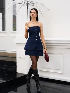Clearance Button Split Denim Corset Corset Tops|Denim
