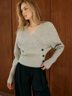 New Button Wrap Slim Sweater Sweater Tops|Sweaters & Cardigans