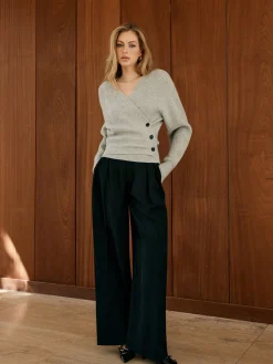 New Button Wrap Slim Sweater Sweater Tops|Sweaters & Cardigans
