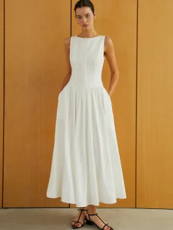 Outlet Button-Front Sleeveless Pockets Long Dress White Dresses|Work Dresses