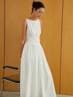 Outlet Button-Front Sleeveless Pockets Long Dress White Dresses|Work Dresses