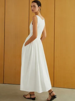 Outlet Button-Front Sleeveless Pockets Long Dress White Dresses|Work Dresses