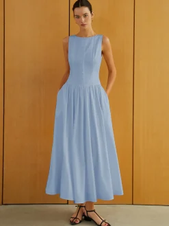 Outlet Button-Front Sleeveless Pockets Long Dress White Dresses|Work Dresses