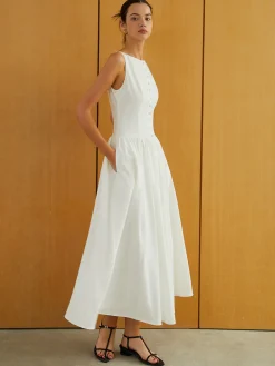 Clearance Button-Front Sleeveless Pockets Long Dress Work Dresses|Casual Dresses