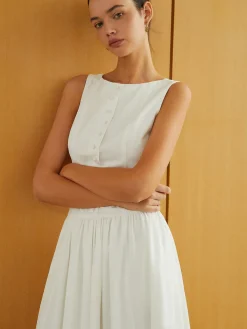 Clearance Button-Front Sleeveless Pockets Long Dress Work Dresses|Casual Dresses
