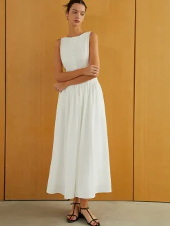 Clearance Button-Front Sleeveless Pockets Long Dress Work Dresses|Casual Dresses