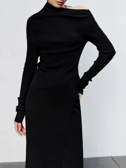 New Caramel Asymmetric Neckline Long Sleeve Knit Top Sweater Tops|Long Sleeve Sets