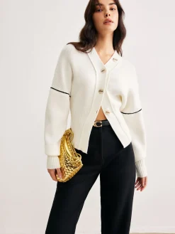 Clearance Chic Contrast Piping Button Cardigan Cardigans|Sweaters & Cardigans