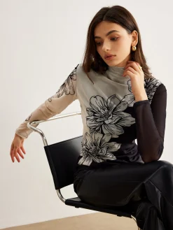 Color Block Floral Mesh Top T-shirts|Tops