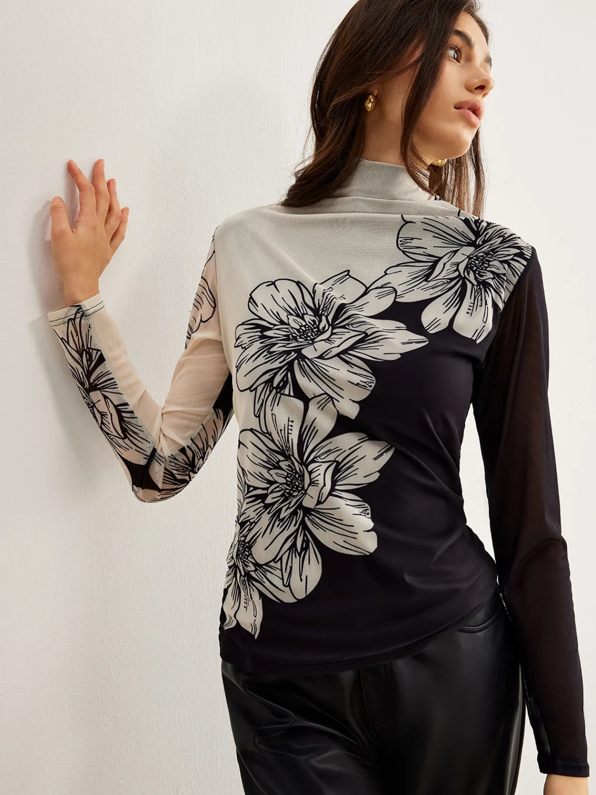 Color Block Floral Mesh Top T-shirts|Tops